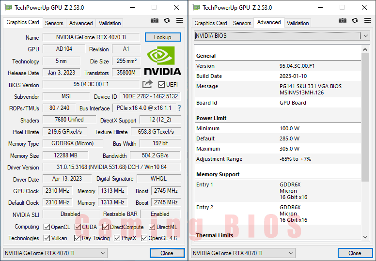 MSI RTX 4070 Ti GAMING X TRIO 12G GPUZ; P-mode