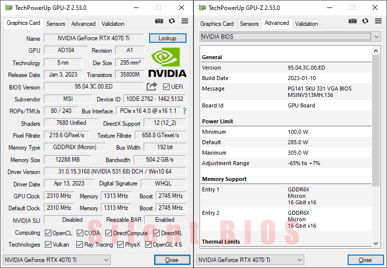 MSI RTX 4070 Ti GAMING X TRIO 12G GPUZ; Q-mode