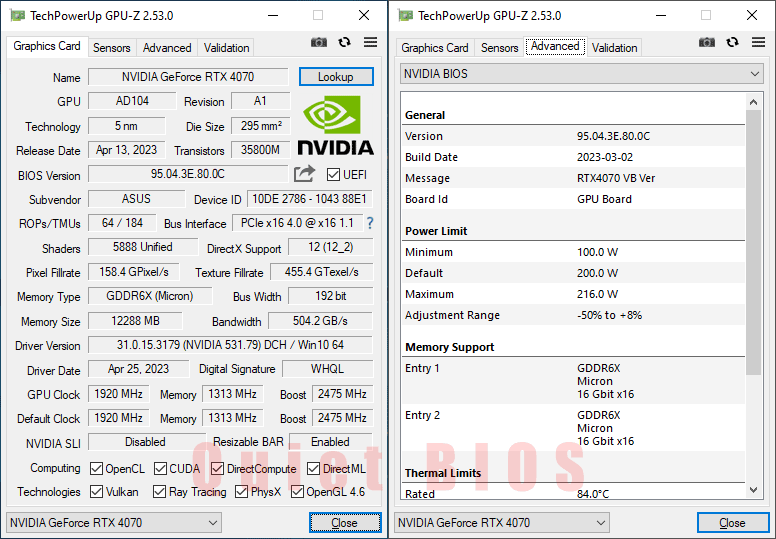 Asus DUAL RTX 4070 12G GPUZ; P-mode
