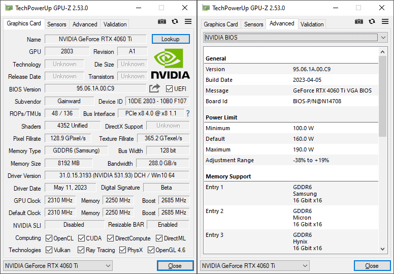 Gainward RTX 4060 Ti GHOST OC 8G GPUZ; Q-mode