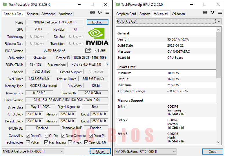 Gigabyte RTX 4060 Ti AERO OC 8G GPUZ; Q-mode