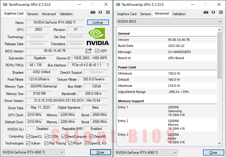 Gigabyte RTX 4060 Ti AERO OC 8G GPUZ; P-mode