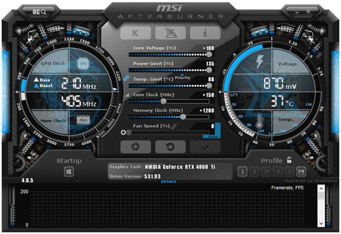 Pretaktovanie Gigabyte RTX 4060 Ti AERO OC 8G; Afterburner