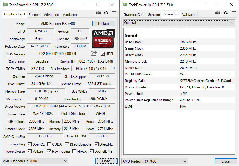 Sapphire PULSE RX 7600 8G GPUZ; Q-mode