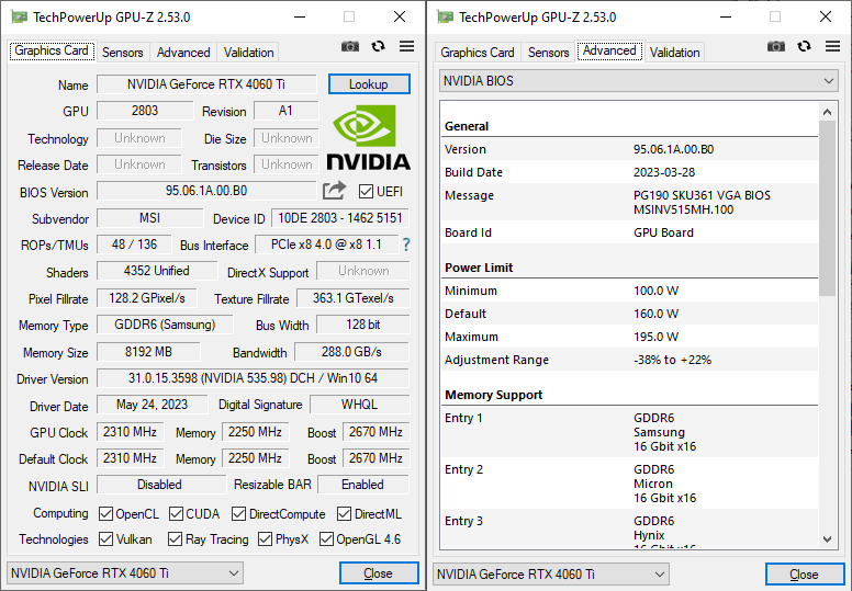 MSI RTX 4060 Ti GAMING X TRIO 8G GPUZ; Q-mode