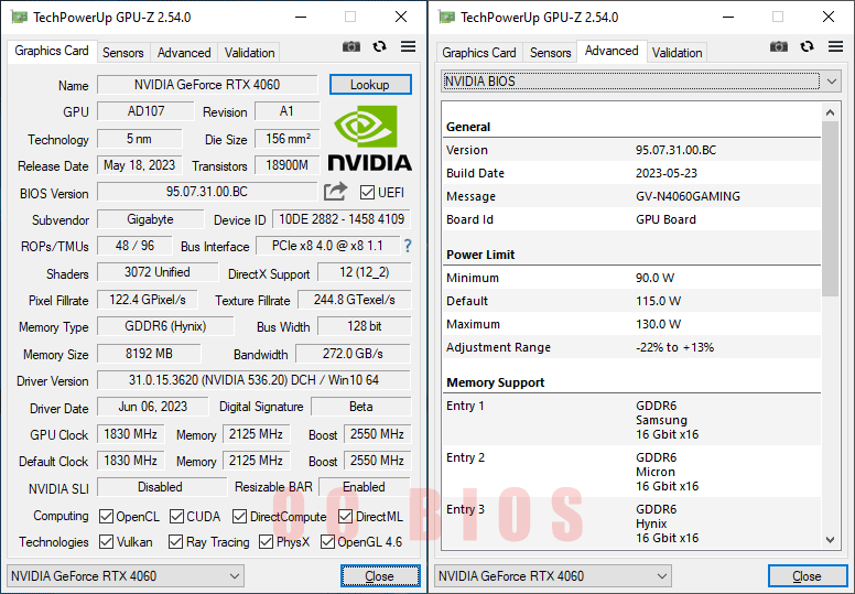 Gigabyte RTX 4060 GAMING OC 8G GPUZ; Q-mode