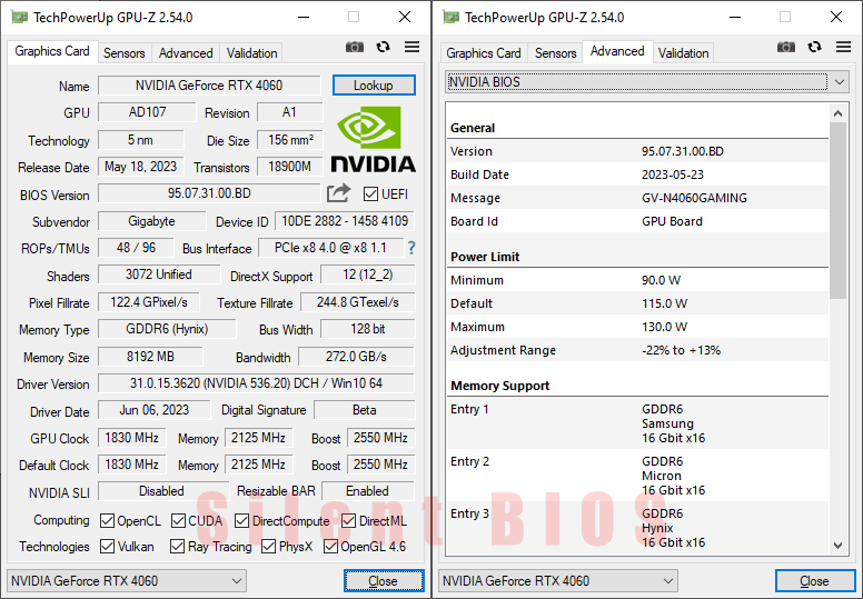 Gigabyte RTX 4060 GAMING OC 8G GPUZ; P-mode