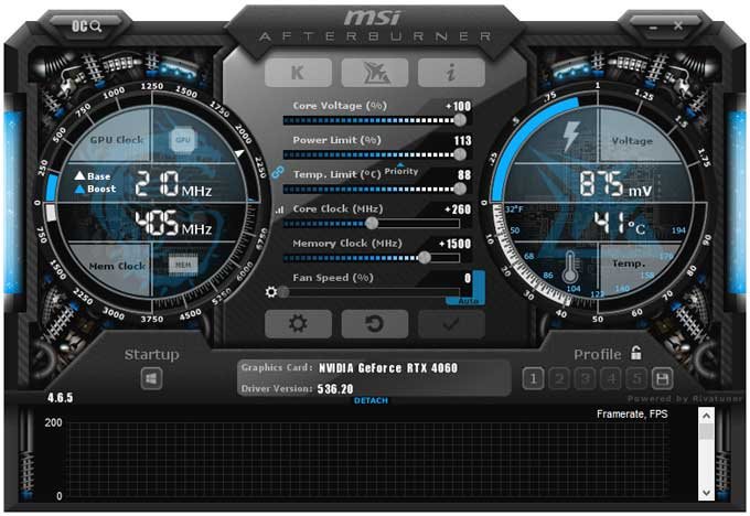 Pretaktovanie Gigabyte RTX 4060 GAMING OC 8G; Afterburner