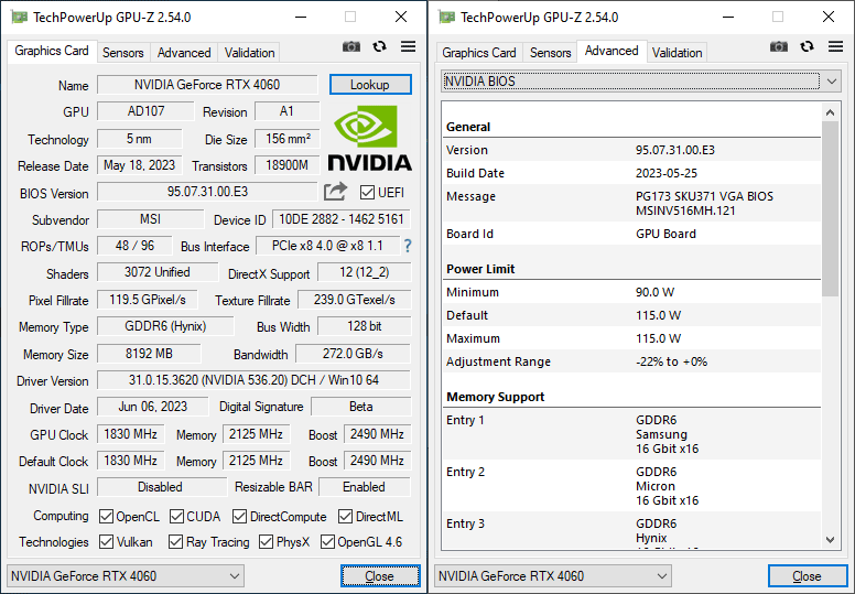 MSI RTX 4060 VENTUS 2X BLACK 8G OC GPUZ; Q-mode
