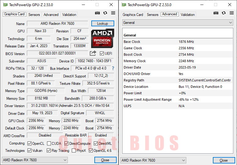Asus STRIX RX 7600 O8G Gaming GPUZ; P-mode