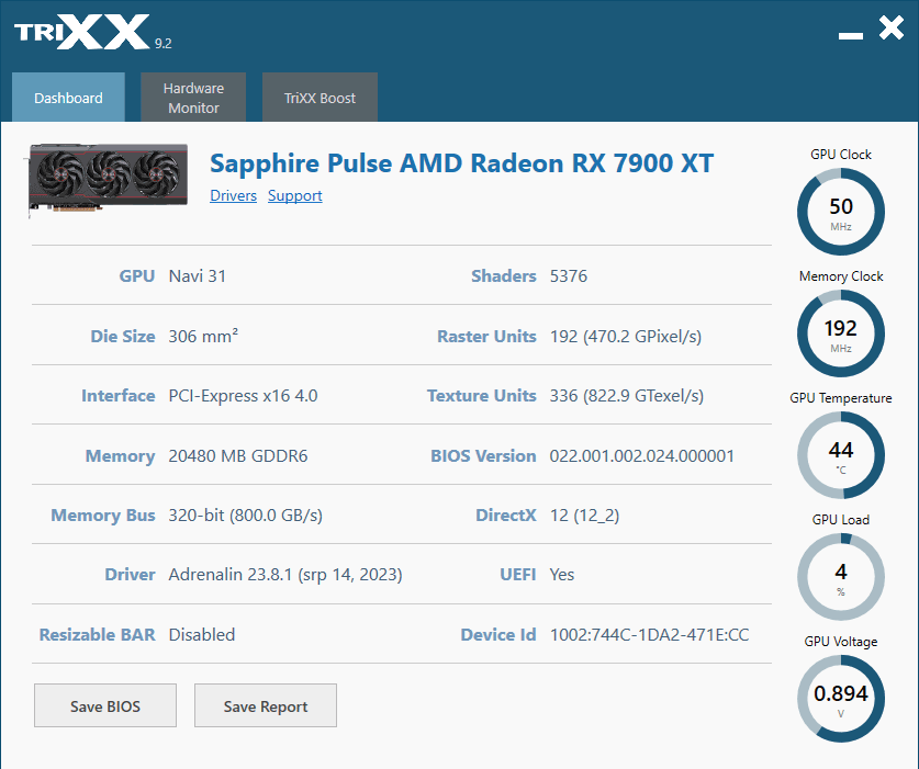 Sapphire PULSE RX 7900 XT 20G; TriXX - Dashboard
