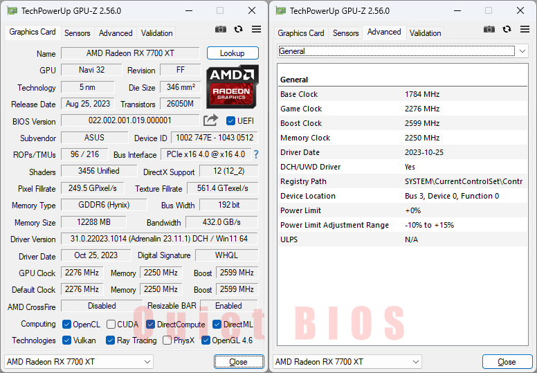 Asus TUF RX 7700 XT O12G Gaming GPUZ; Q-mode