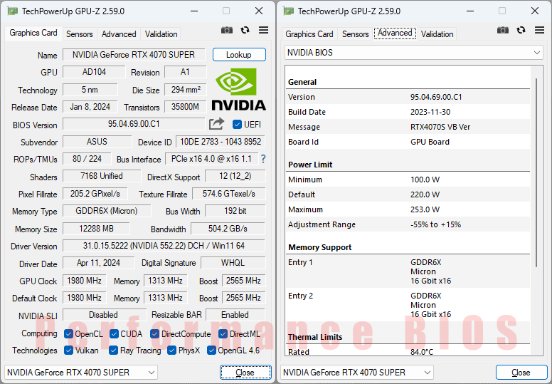 Asus TUF RTX 4070 SUPER O12G Gaming GPUZ; P-mode