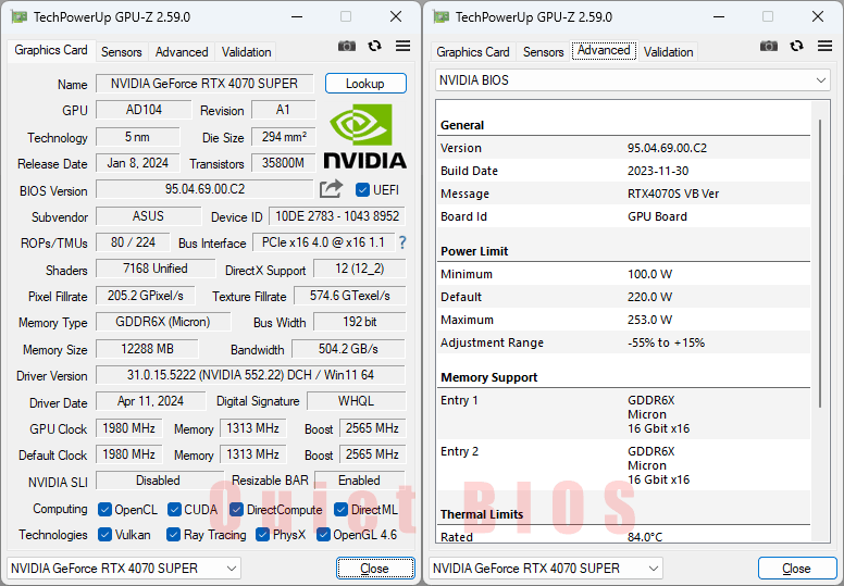 Asus TUF RTX 4070 SUPER O12G Gaming GPUZ; Q-mode