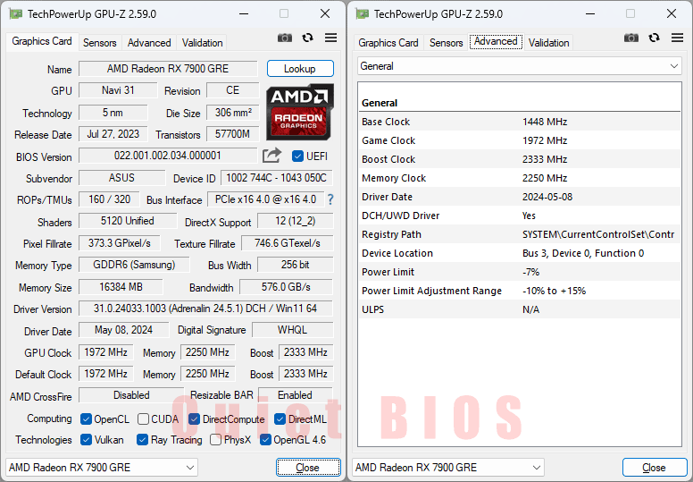 Asus TUF RX 7900 GRE O16G Gaming GPUZ; Q-mode
