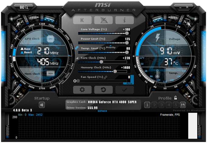 Pretaktovanie Gigabyte RTX 4080 SUPER GAMING OC 16G; MSI Afterburner