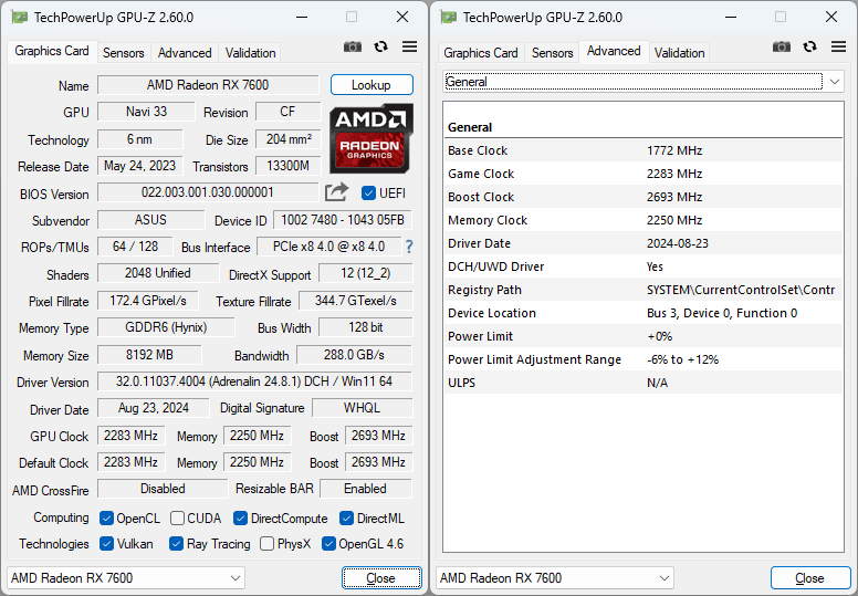 Asus DUAL RX 7600 08G V2 GPUZ