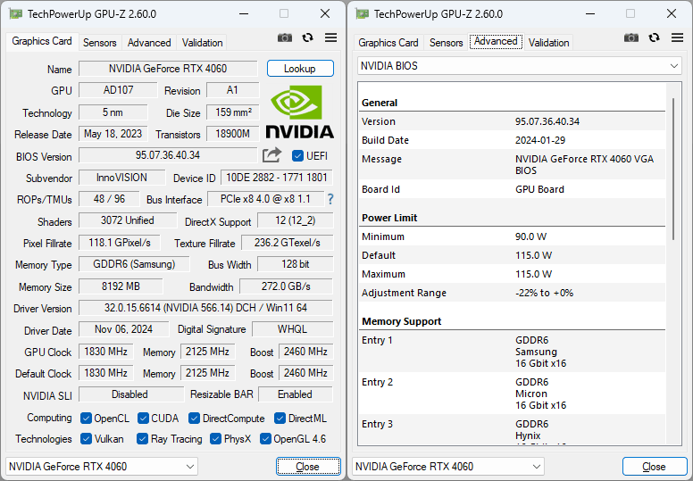 Inno3D RTX 4060 TWIN X2 8G GPUZ; Q-mode