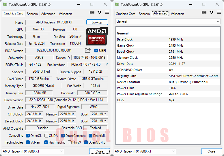 Asus DUAL RX 7600 XT 016G GPUZ; Q-mode
