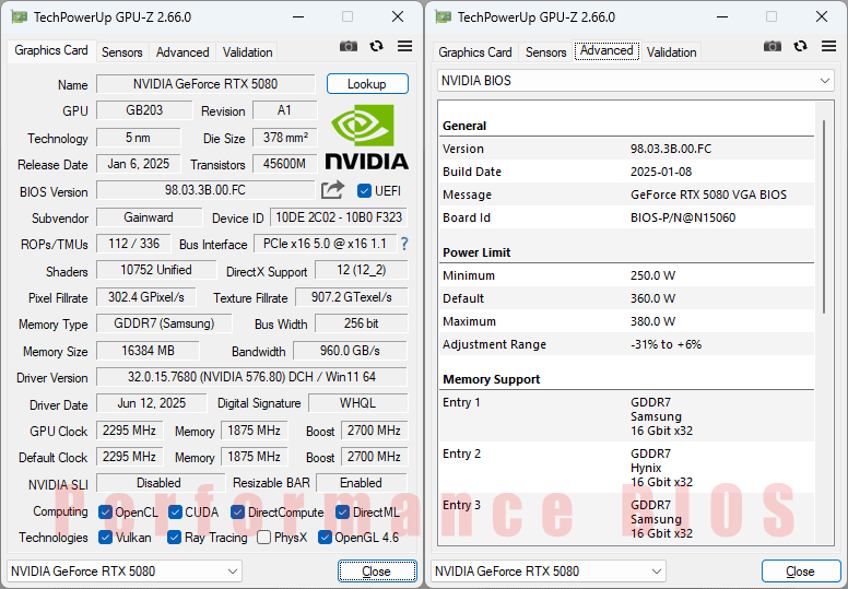 Gainward RTX 5080 PHOENIX GS 16G GPUZ; Performance