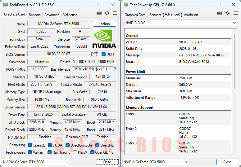 Gainward RTX 5080 PHOENIX GS 16G GPUZ; Silent