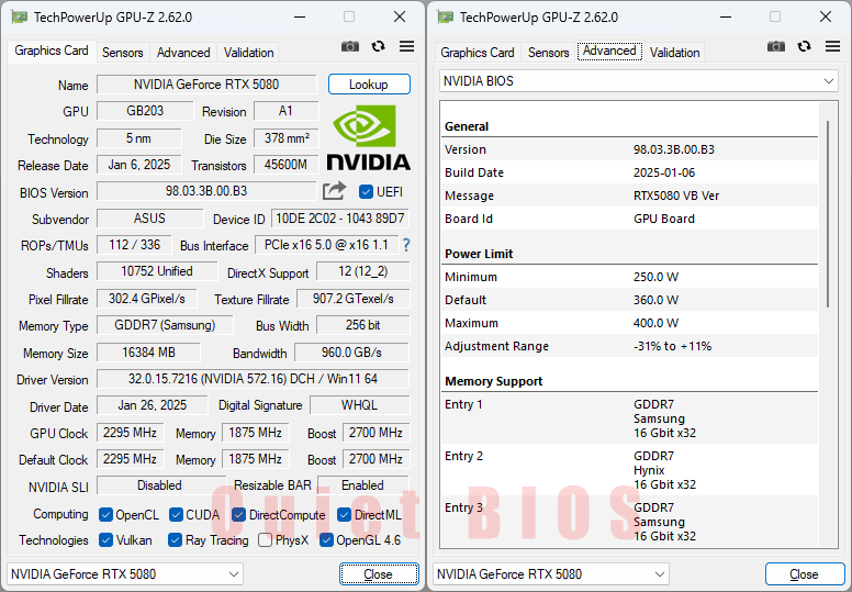 Asus TUF RTX 5080 O16G Gaming GPUZ; Q-mode