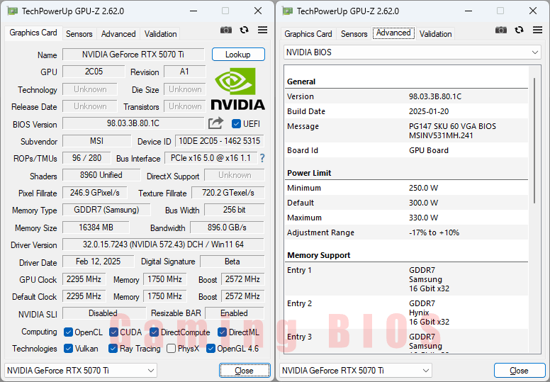 MSI RTX 5070 Ti 16G GAMING TRIO OC PLUS GPUZ; Gaming BIOS