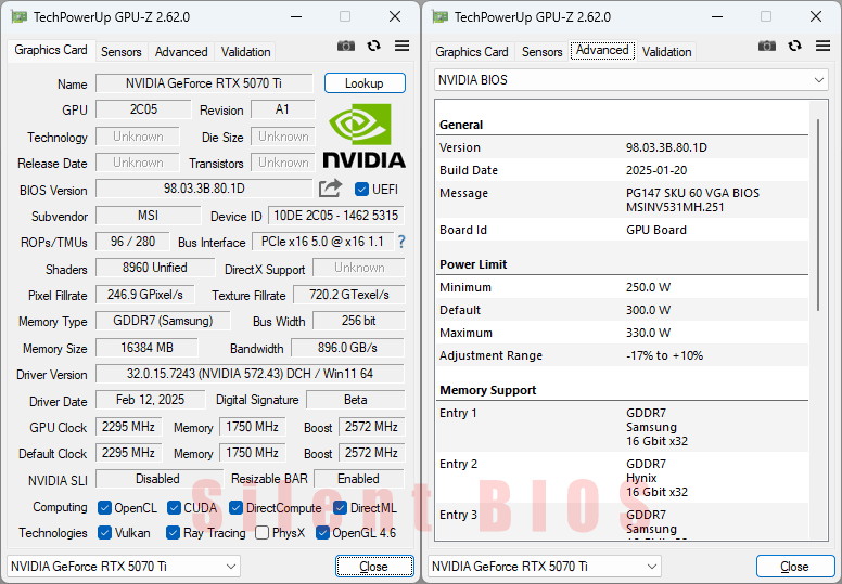 MSI RTX 5070 Ti 16G GAMING TRIO OC PLUS GPUZ; Silent BIOS