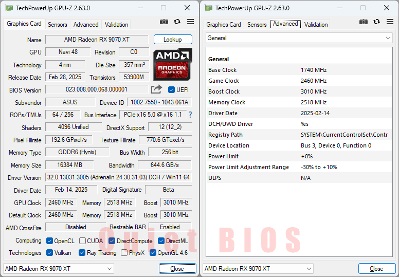 Asus PRIME RX 9070 XT O16G GPUZ; Q-mode