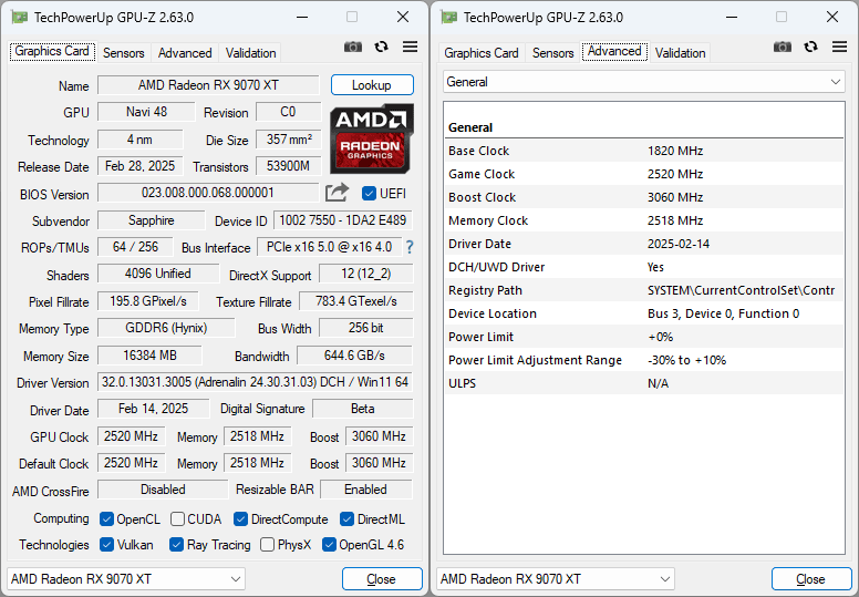 Sapphire NITRO+ RX 9070 XT GAMING OC 16G GPUZ; P-mode