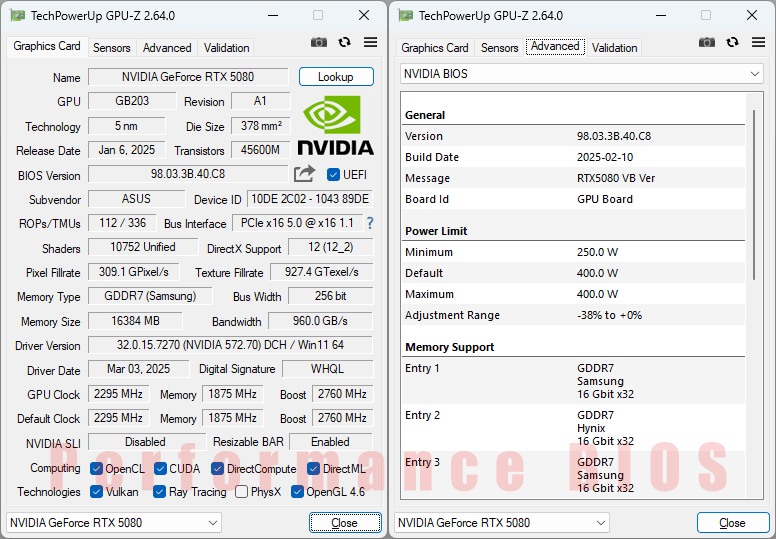 Asus ASTRAL RTX 5080 O16G Gaming GPUZ; P-mode