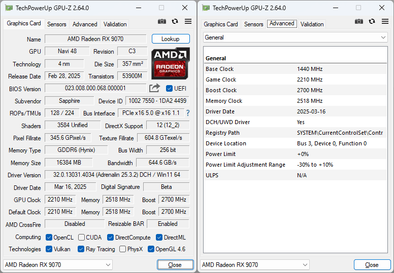 Sapphire PURE RX 9070 GAMING OC 16G GPUZ; P-mode