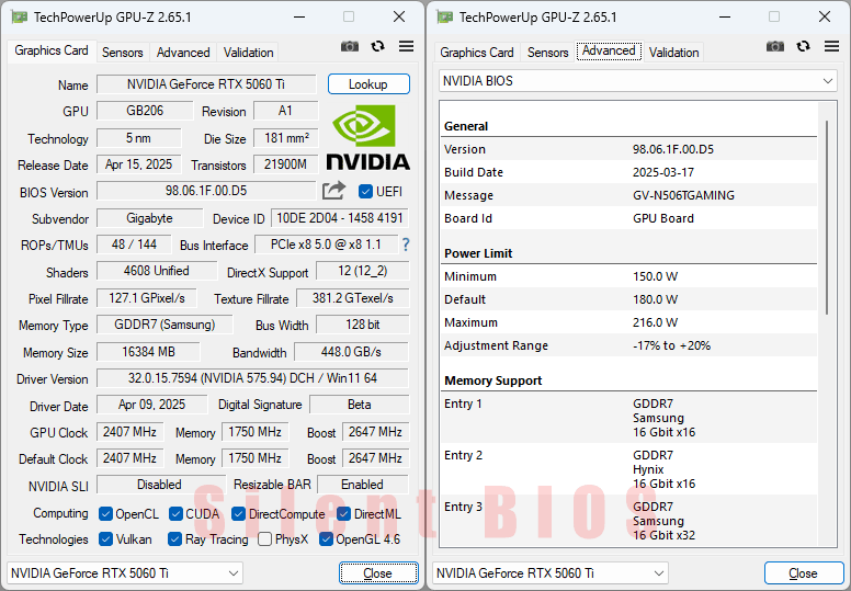 Gigabyte RTX 5060 Ti GAMING OC 16G GPUZ; Silent BIOS