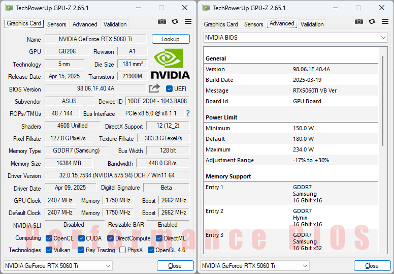 Asus TUF RTX 5060 Ti O16G Gaming GPUZ; P-mode