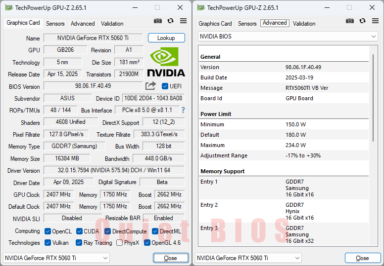 Asus TUF RTX 5060 Ti O16G Gaming GPUZ; Q-mode
