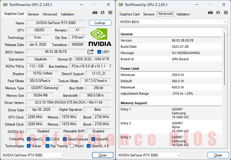 Gigabyte RTX 5080 GAMING OC 16G GPUZ; Performance
