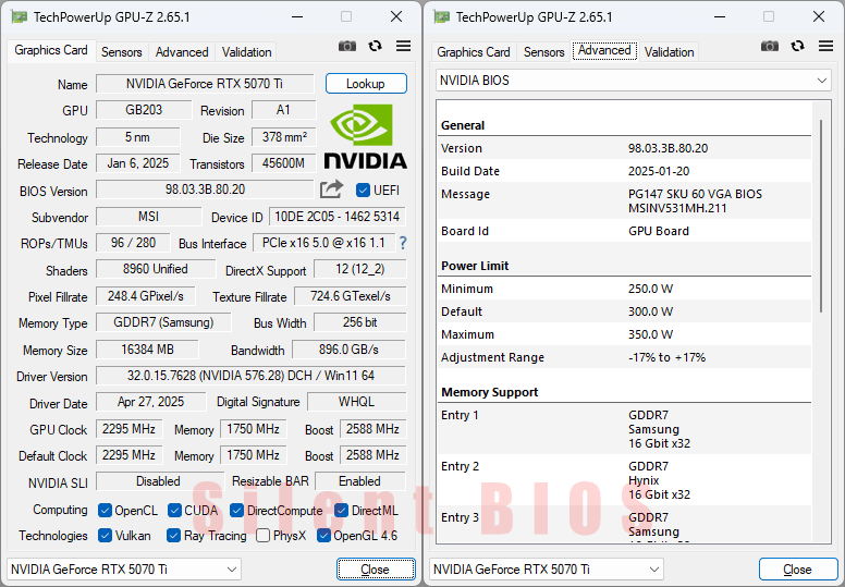 MSI RTX 5070 Ti 16G VANGUARD SOC GPUZ;