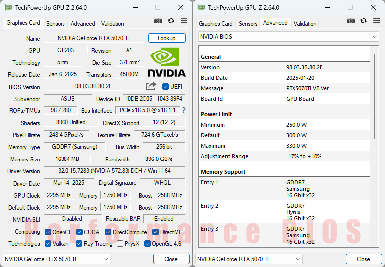 Asus TUF RTX 5070 Ti O16G Gaming GPUZ; P-mode