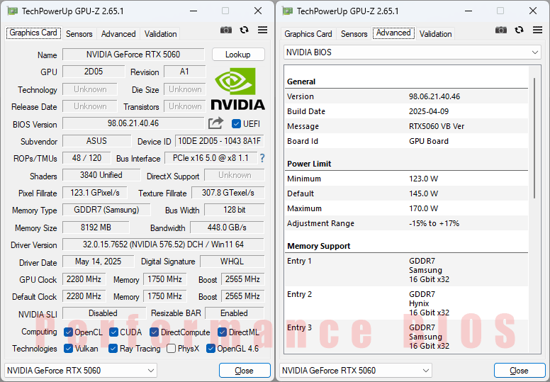 Asus PRIME RTX 5060 O8G GPUZ; P-mode