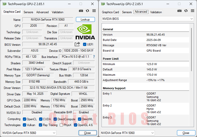 Asus PRIME RTX 5060 O8G GPUZ; Q-mode