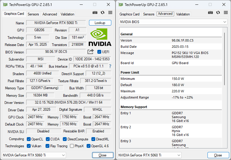 MSI RTX 5060 Ti 16G GAMING TRIO OC GPUZ