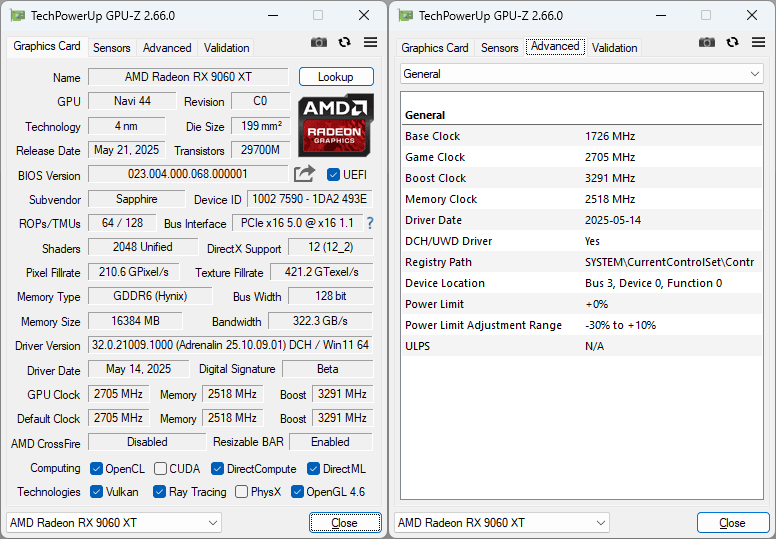 Sapphire PURE RX 9060 XT GAMING OC 16G GPUZ