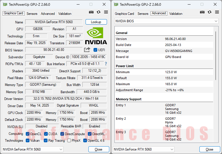 Gigabyte RTX 5060 GAMING OC 8G GPUZ; Performance BIOS