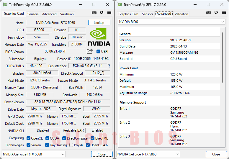 Gigabyte RTX 5060 GAMING OC 8G GPUZ; Silent BIOS