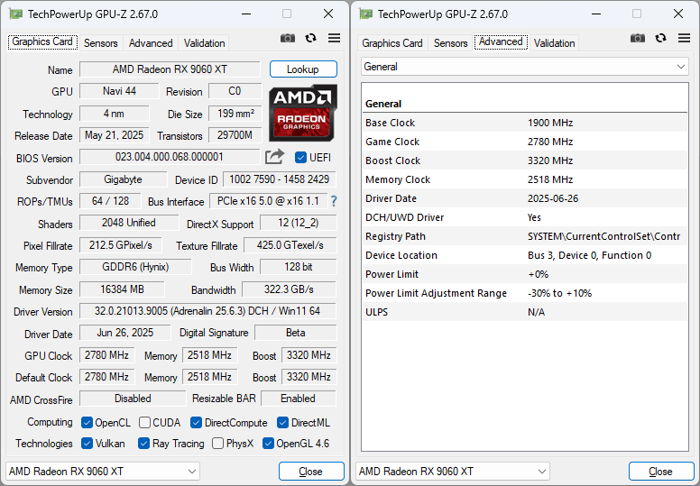 Gigabyte RX 9060 XT GAMING OC 16G GPUZ