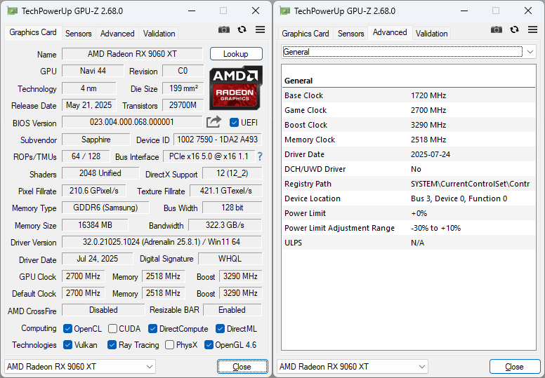 Sapphire PULSE RX 9060 XT GAMING OC 16G GPUZ