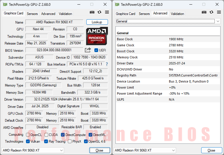 AAsus TUF RX 9060 XT O16G Gaming GPUZ; P-mode