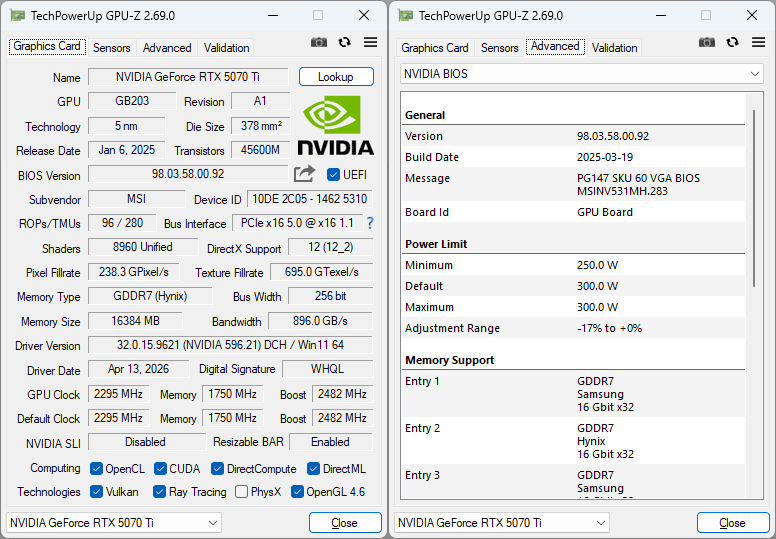 MSI RTX 5070 Ti 16G VENTUS 3X OC GPUZ