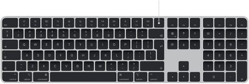 Ukazatel namířený na snímač Touch ID na Magic Keyboardu nad klávesou Delete