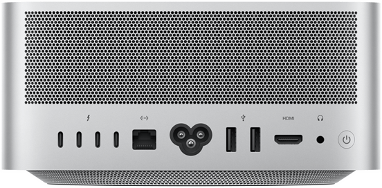 Pohled na Mac Studio zezadu, čtyři porty Thunderbolt 4, jeden port 10Gb ethernetu, jedna napájecí zdířka, dva porty USB‑A, jeden port HDMI, jeden 3,5mm sluchátkový konektor a zapínací tlačítko